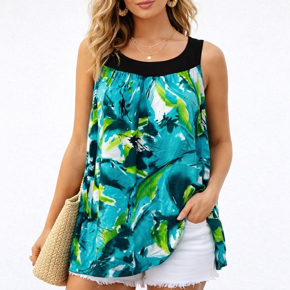 Double Take Womens 1X Turquoise Green  Floral‎ Rayon Tunic Tank Top USA Coastal